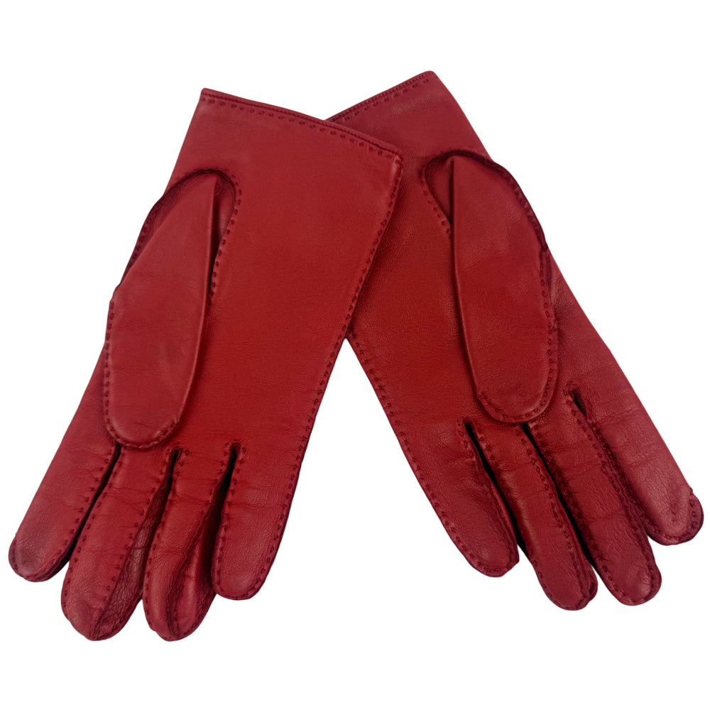 HERMES Red Leather Ladies Gloves Size 6.5 LHQ1228