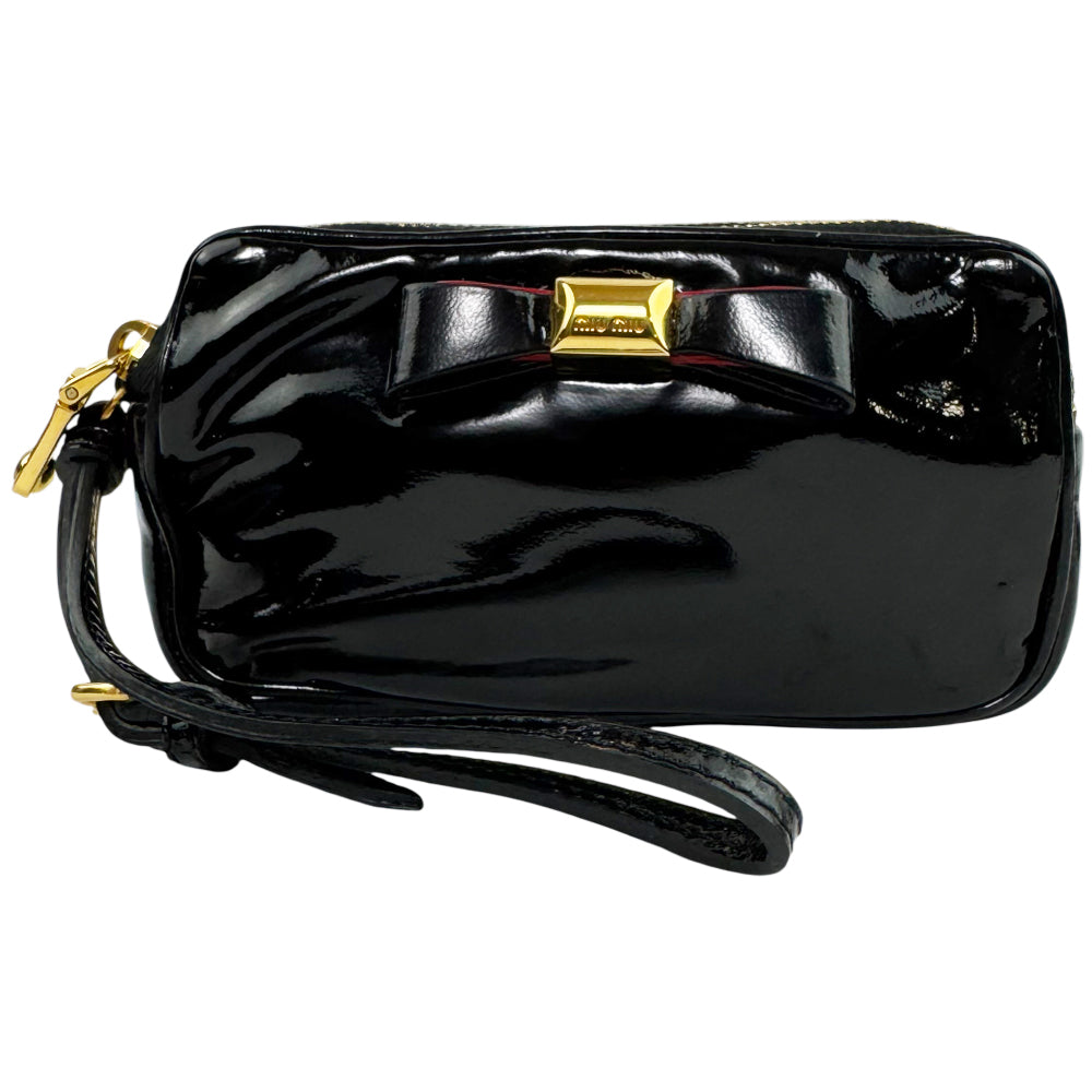 MIU MIU Black Patent Leather Bowtie Pouch Wristlet Clutch Bag LHQ1257