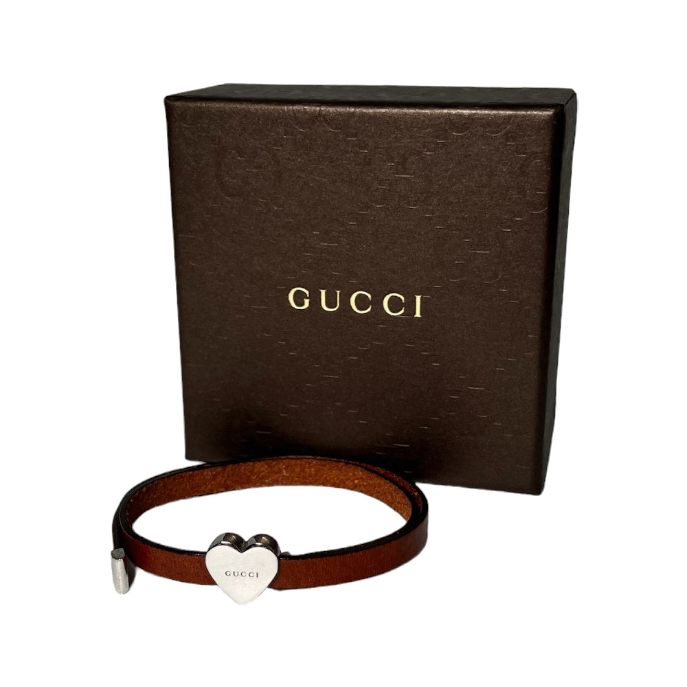 GUCCI Ladies Tie Up Leather Sterling Silver Heart Bracelet LHQ140