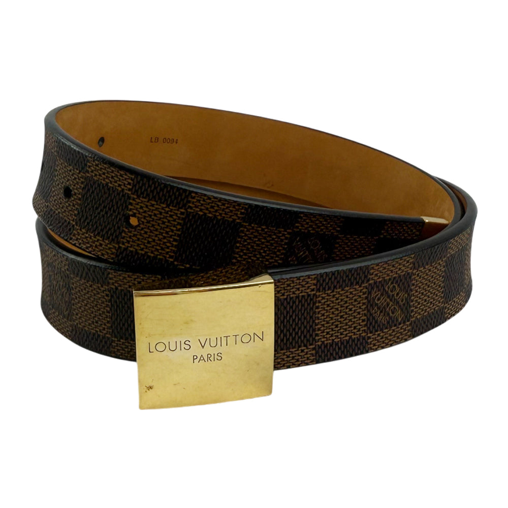 LOUIS VUITTON Damier Ebene Santur Carre Gold Buckle Belt Size 32" LHQ1478