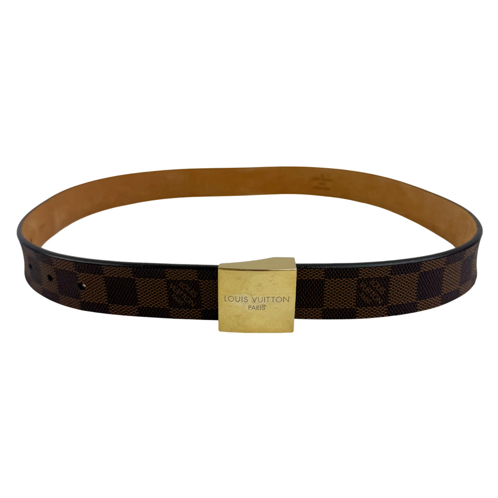 LOUIS VUITTON Damier Ebene Santur Carre Gold Buckle Belt Size 32" LHQ1478