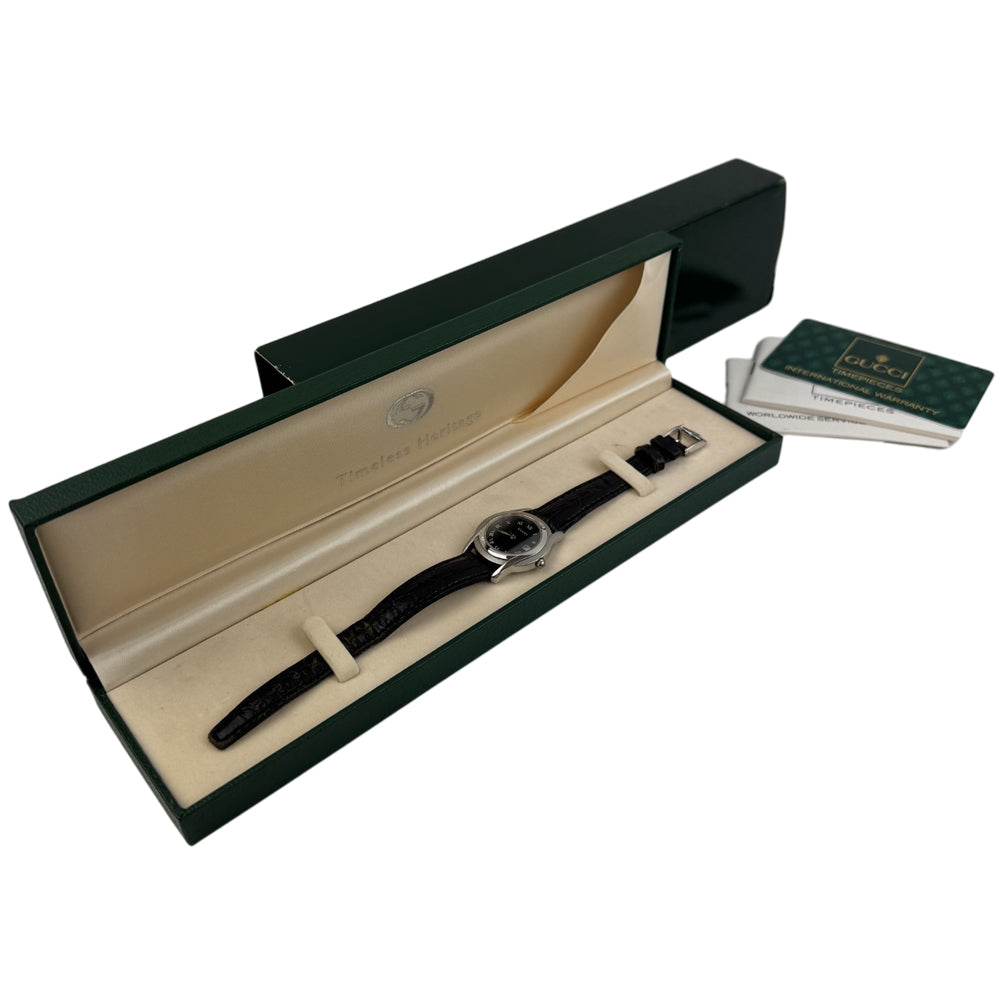 GUCCI Silver Black Leather Strap Stainless Steel Watch LHQ1547