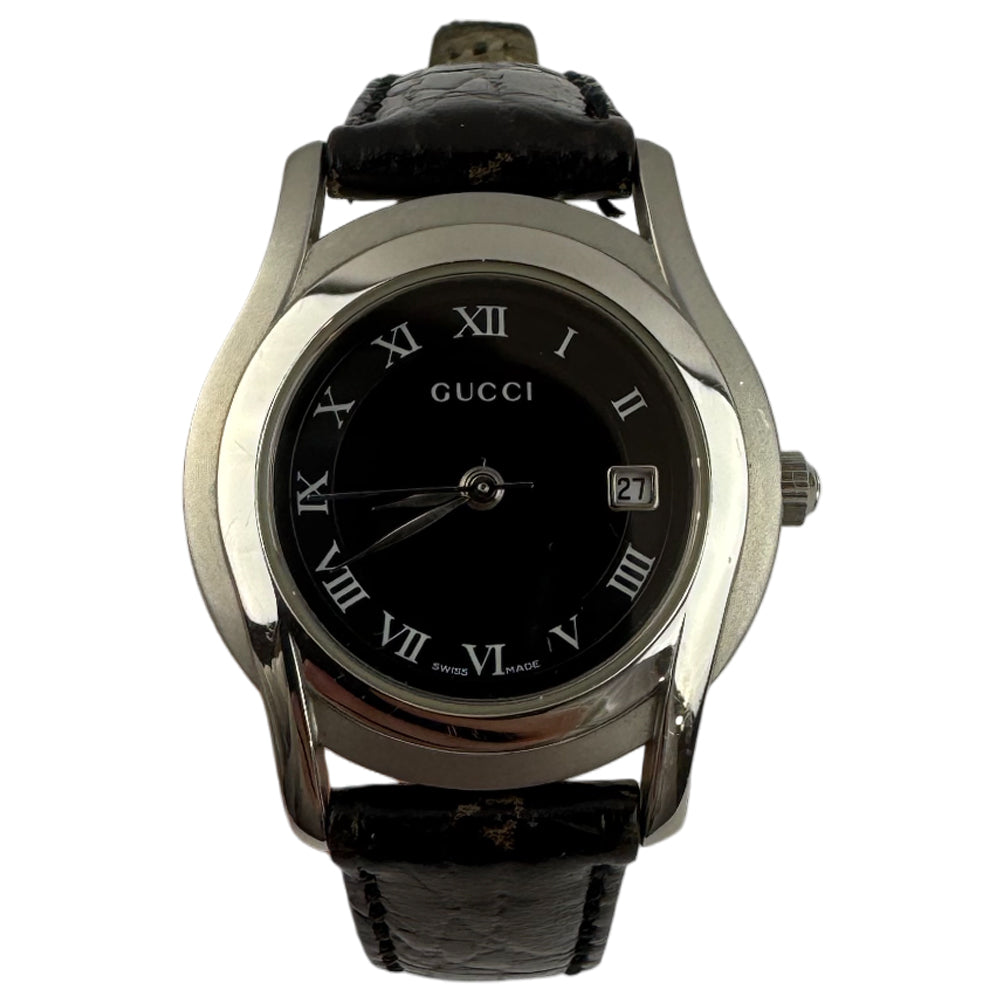 GUCCI Silver Black Leather Strap Stainless Steel Watch LHQ1547