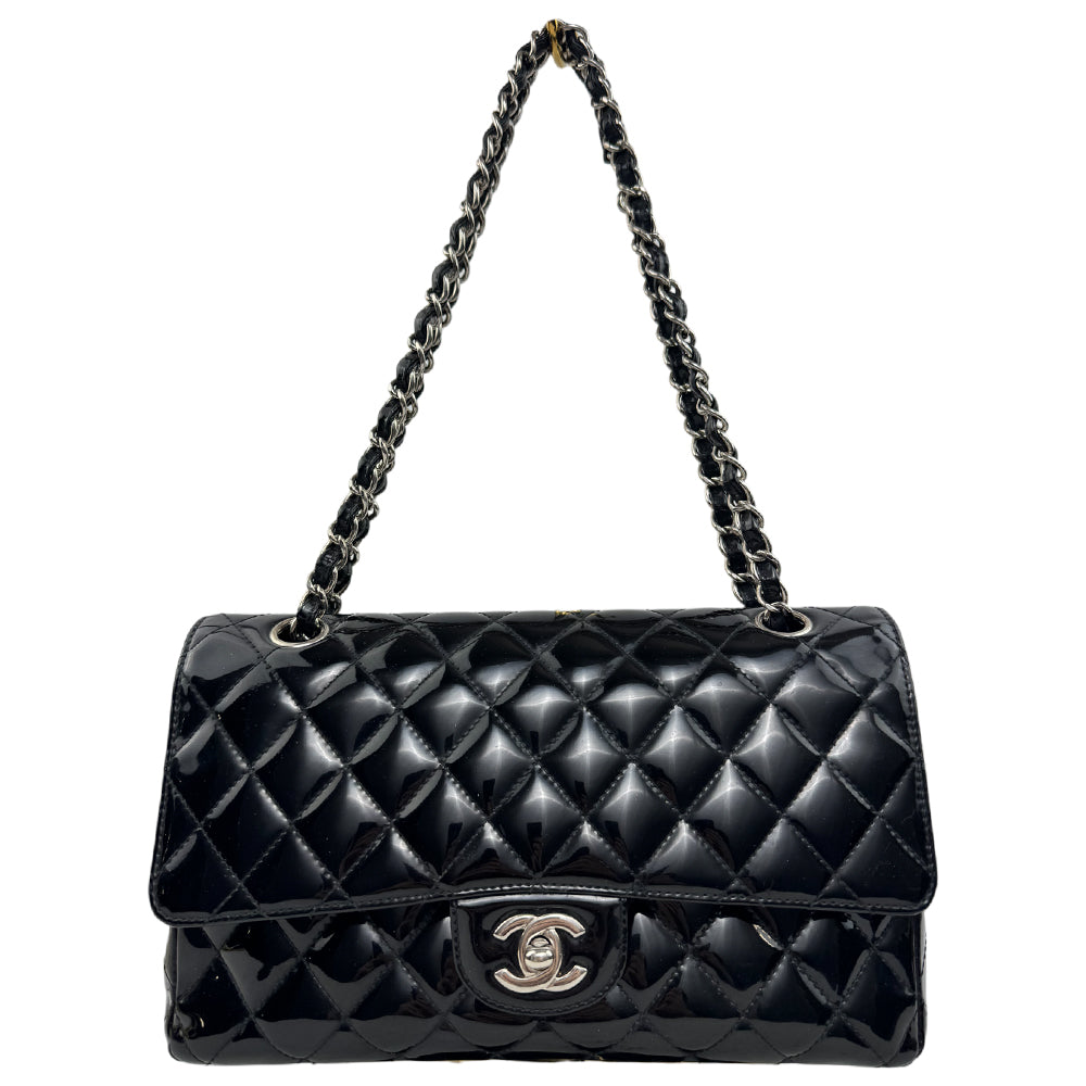 CHANEL Black Patent Leather Classic Flap Medium Crossbody Shoulder Bag LHQ1583