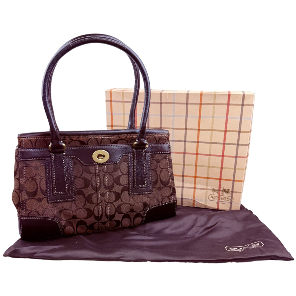 COACH Dark Brown Hampton Signature Canvas and Leather Hand Bag LHQ1899