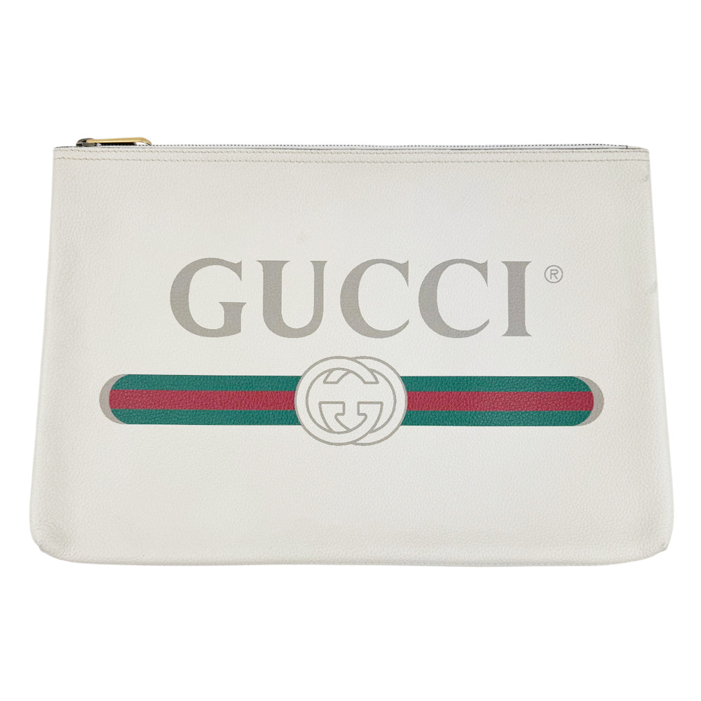 GUCCI Large White Leather Logo Pouch LHQ2017
