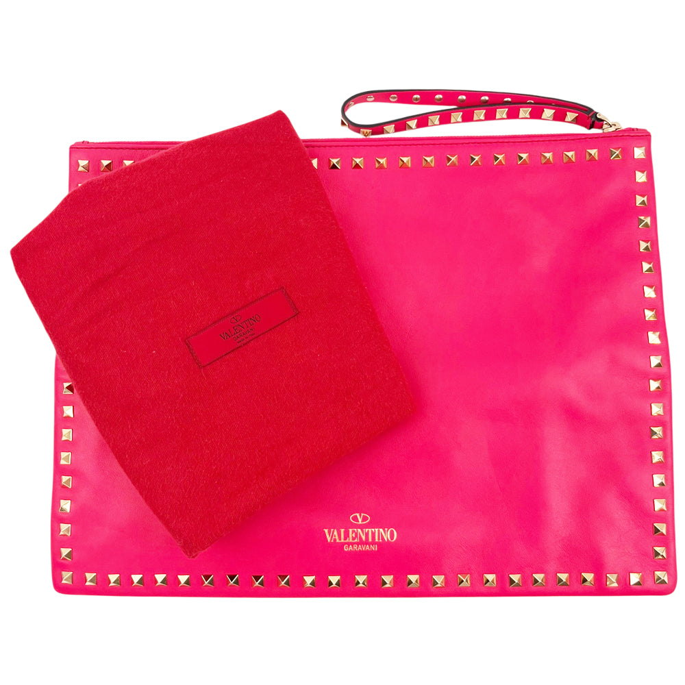 VALENTINO Pink Leather Studded Large Clutch Pouch LHQ2096