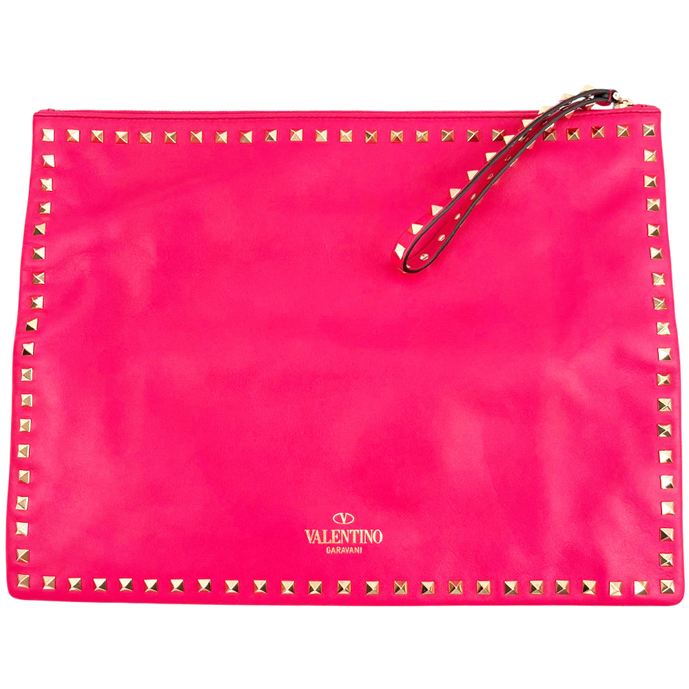 VALENTINO Pink Leather Studded Large Clutch Pouch LHQ2096