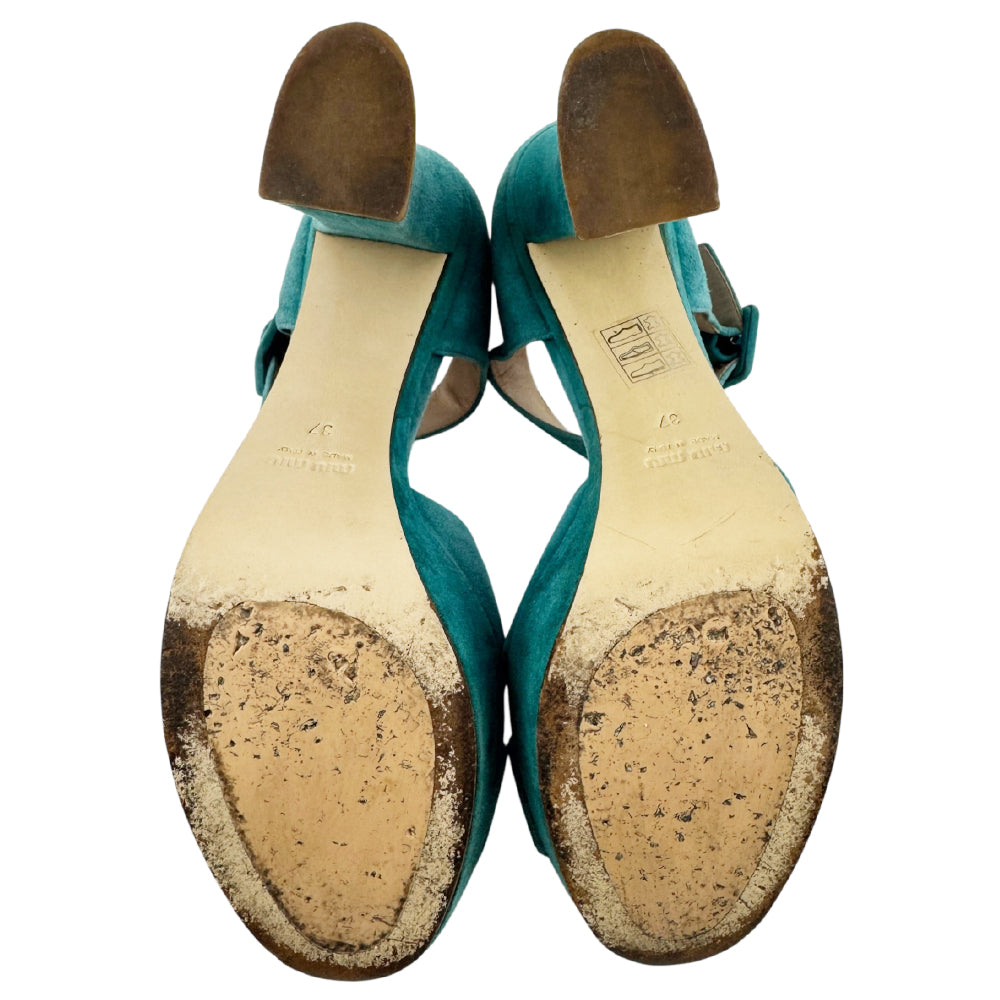 MIU MIU Teal Suede Heels Size 4 UK LHQ2168