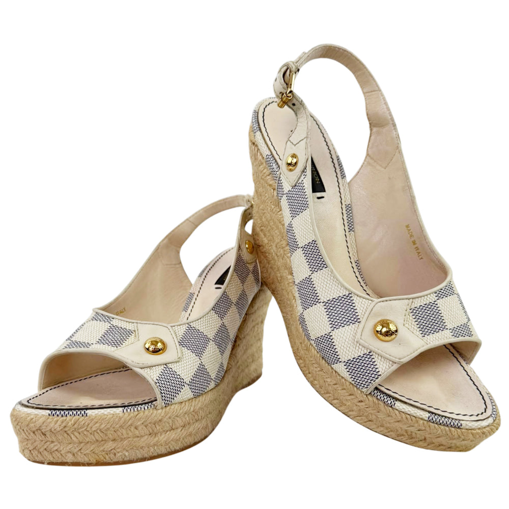 LOUIS VUITTON Damier Azur Slingback Espadrille Wedge Sandals Size 3 UK LHQ2290