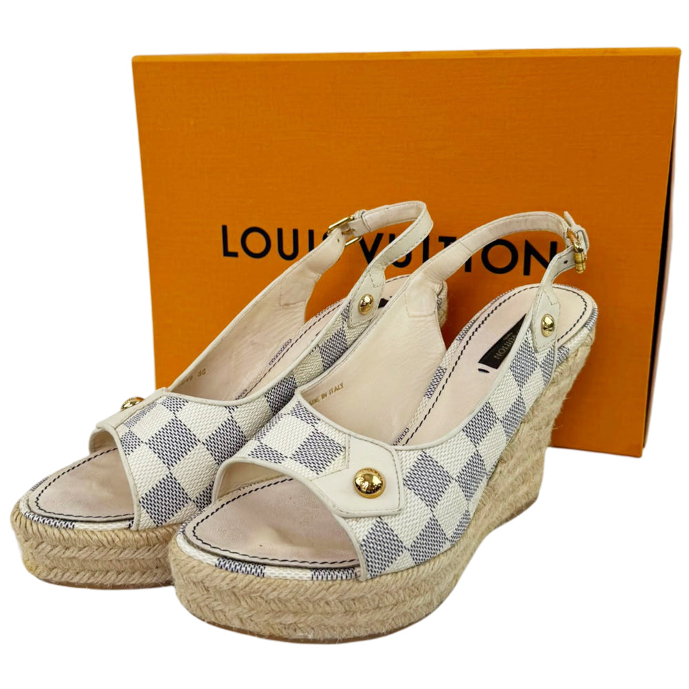 LOUIS VUITTON Damier Azur Slingback Espadrille Wedge Sandals Size 3 UK LHQ2290