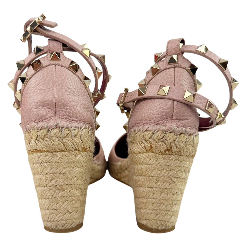 VALENTINO Pink Leather Rockstud Ankle-Strap Espadrille Wedge Sandals Size 4 UK LHQ2291