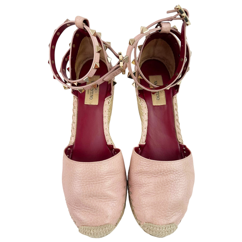 VALENTINO Pink Leather Rockstud Ankle-Strap Espadrille Wedge Sandals Size 4 UK LHQ2291