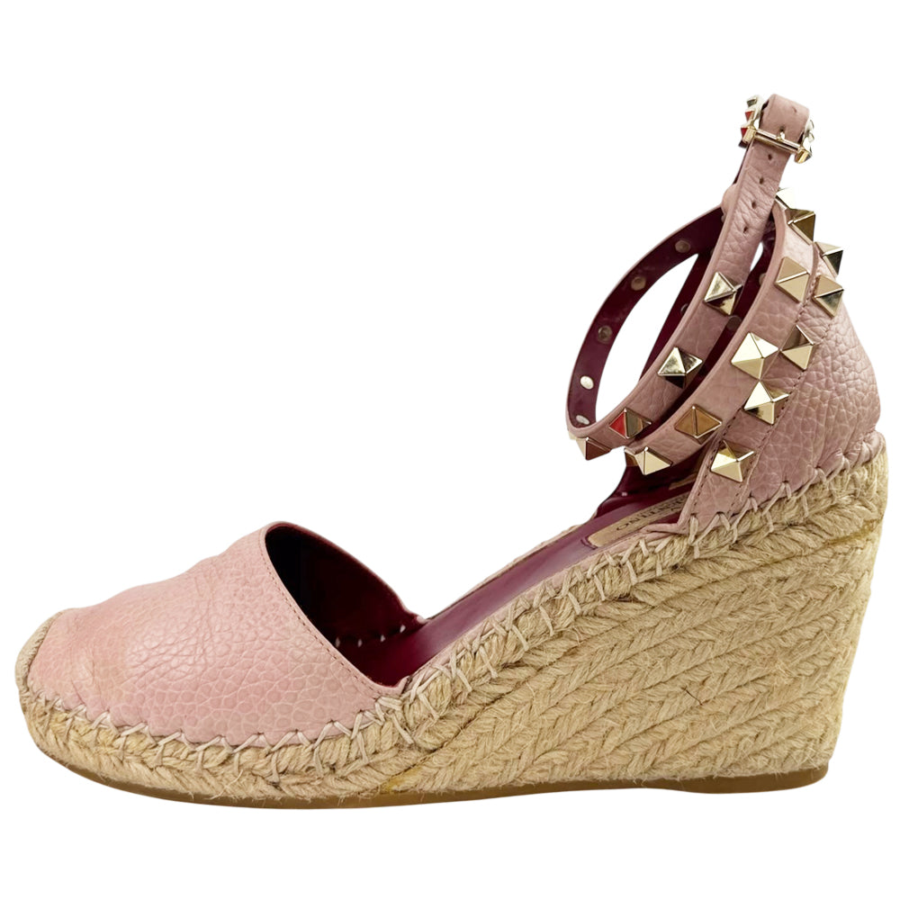 VALENTINO Pink Leather Rockstud Ankle-Strap Espadrille Wedge Sandals Size 4 UK LHQ2291