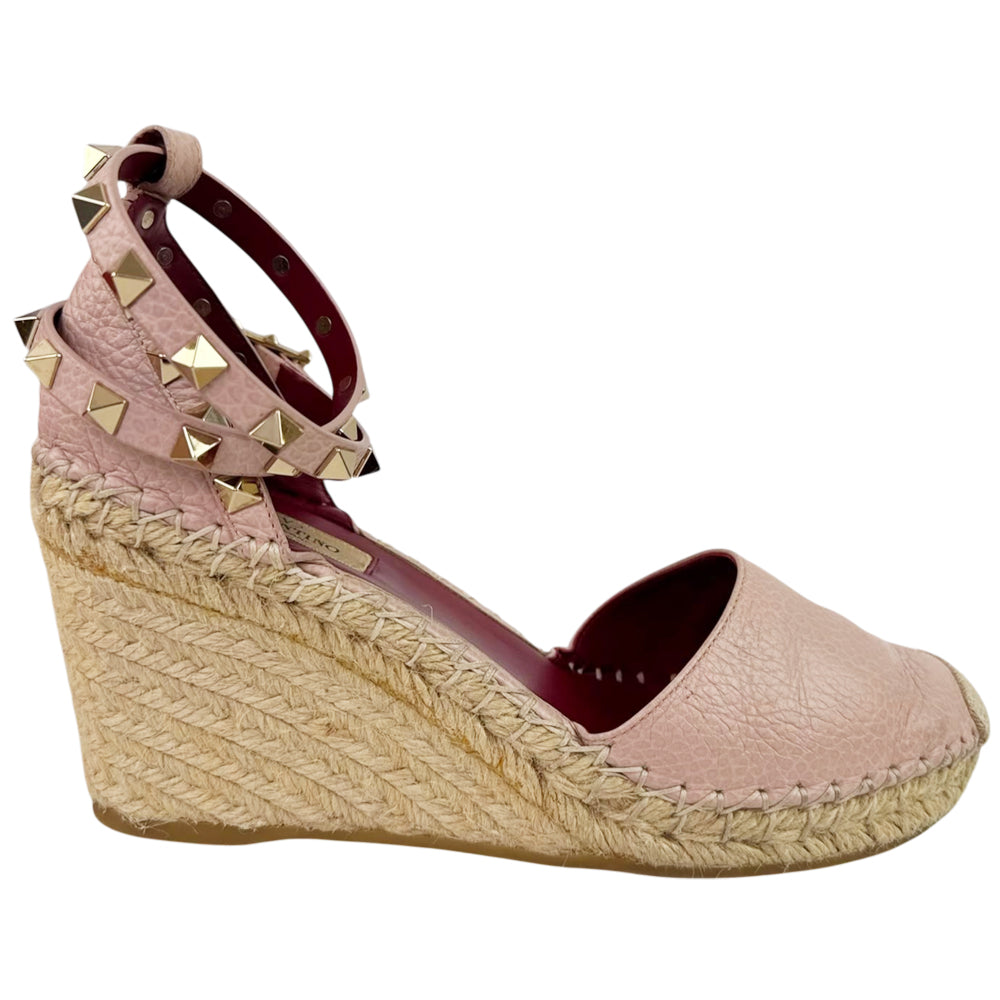 VALENTINO Pink Leather Rockstud Ankle-Strap Espadrille Wedge Sandals Size 4 UK LHQ2291