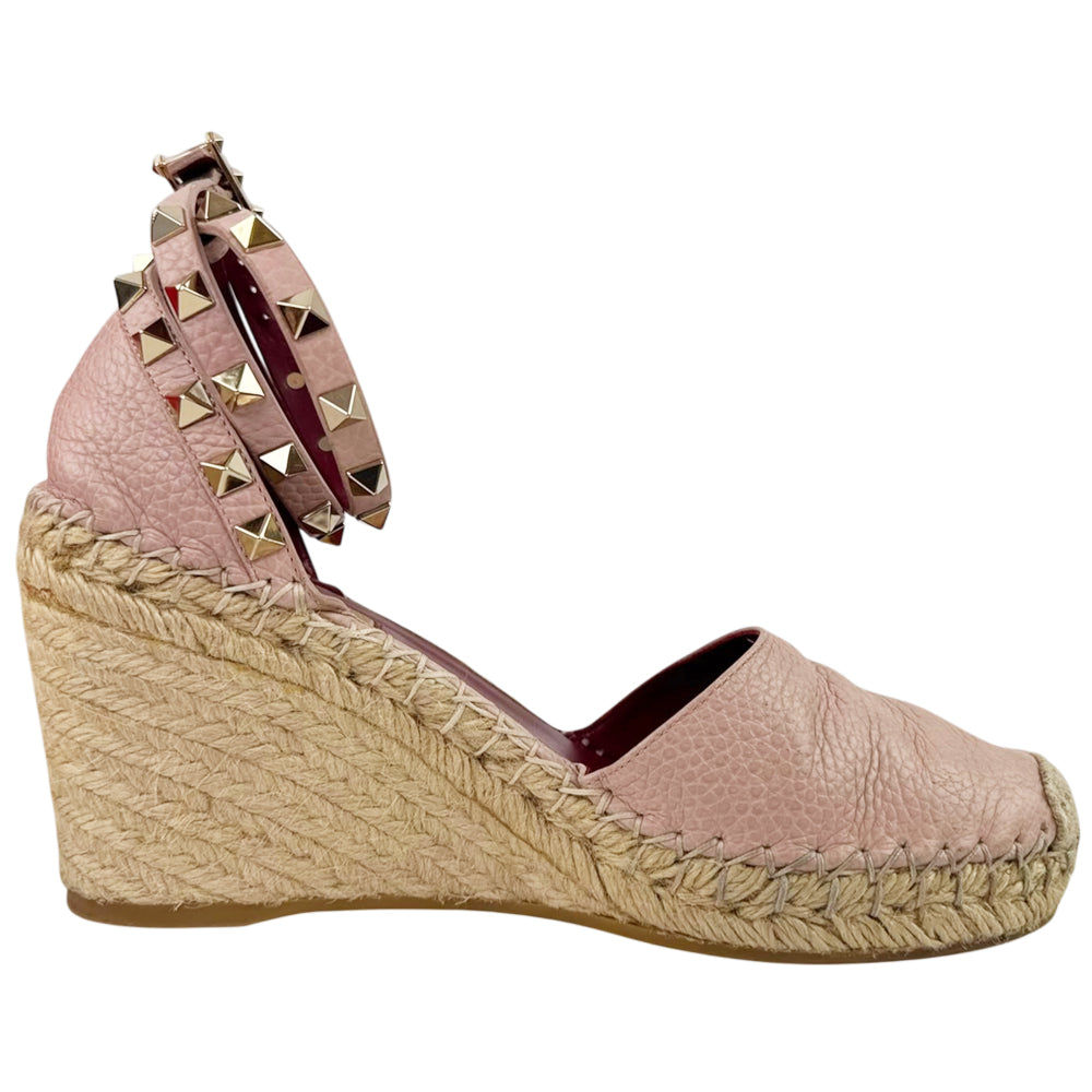 VALENTINO Pink Leather Rockstud Ankle-Strap Espadrille Wedge Sandals Size 4 UK LHQ2291