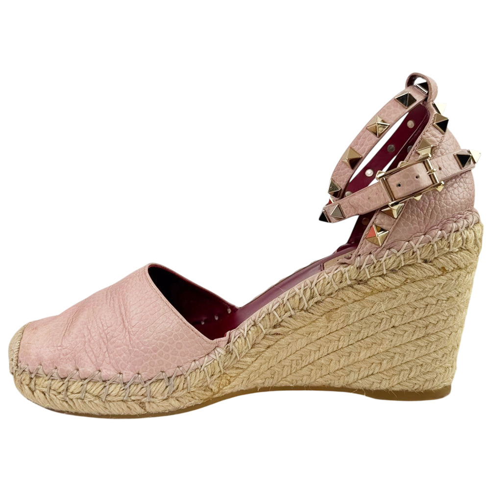 VALENTINO Pink Leather Rockstud Ankle-Strap Espadrille Wedge Sandals Size 4 UK LHQ2291