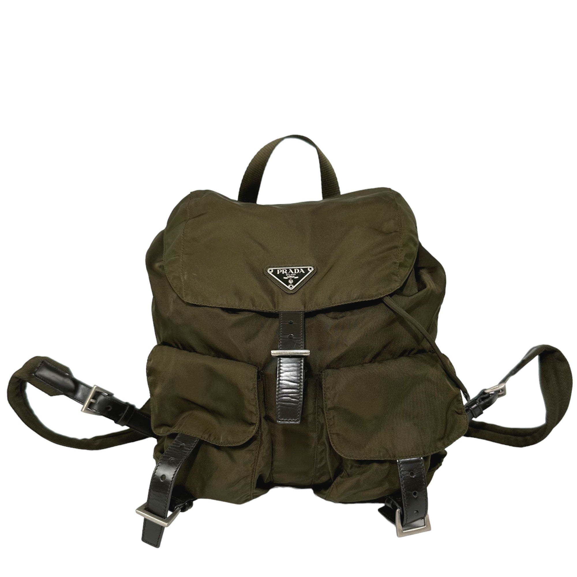 PRADA Khaki Re-Nylon & Brown Leather Backpack Bag LHQ23