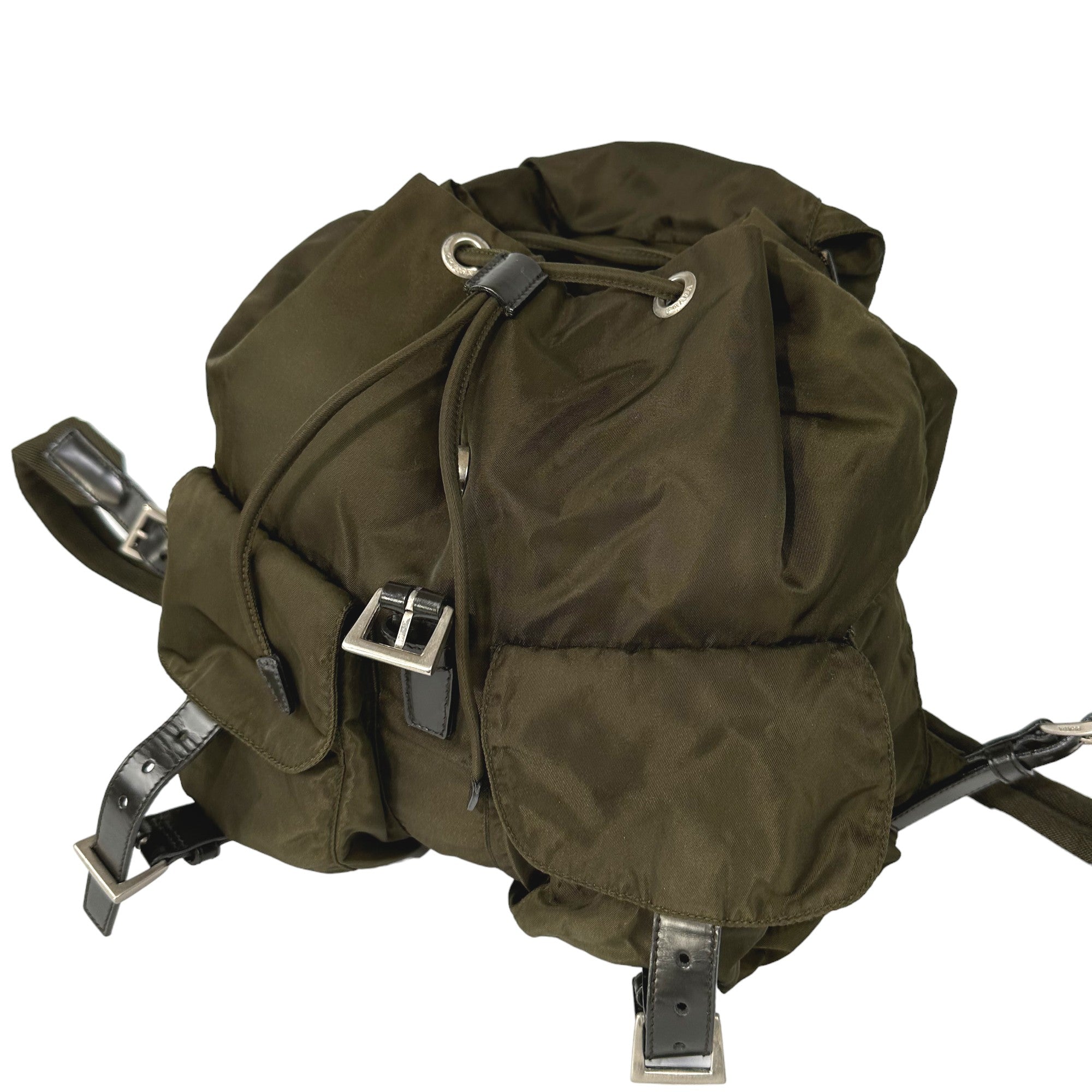 PRADA Khaki Re-Nylon & Brown Leather Backpack Bag LHQ23