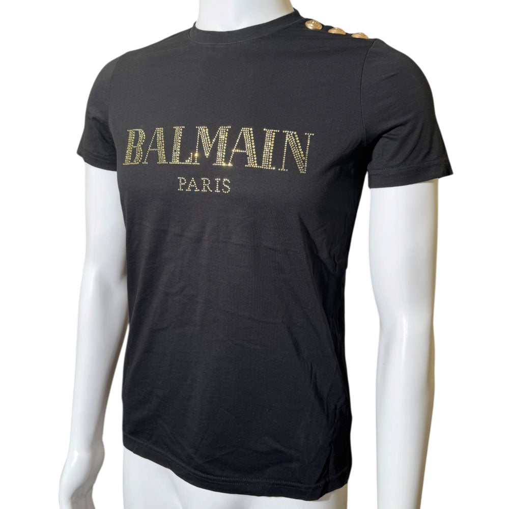 BALMAIN Black Crystal Logo T-Shirt Size S LHQ2399