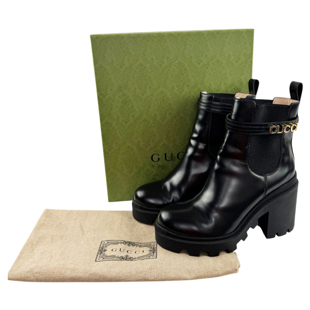 GUCCI Trip Black Leather Leather Logo-Strap Boots Size 7 UK LHQ2417