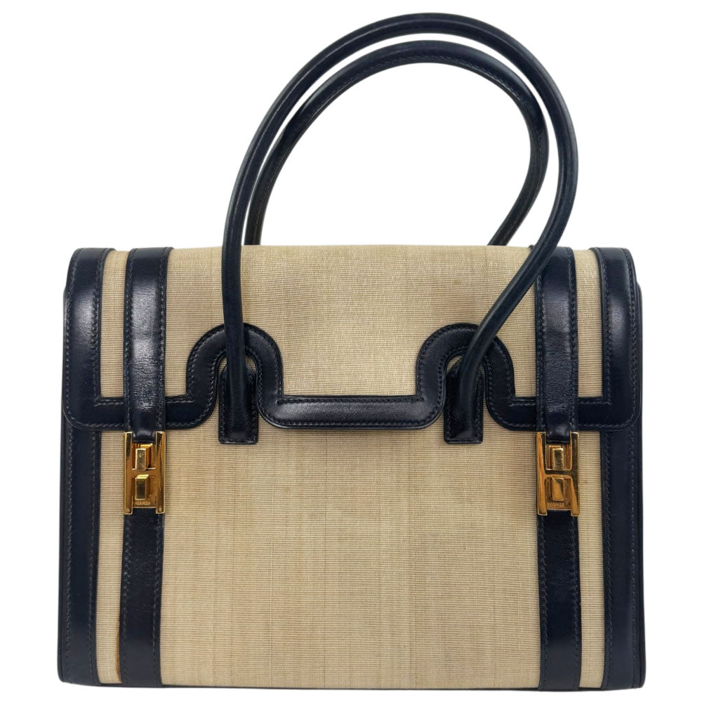 HERMES Drag Navy/Beige Horsehair Handbag LHQ2459