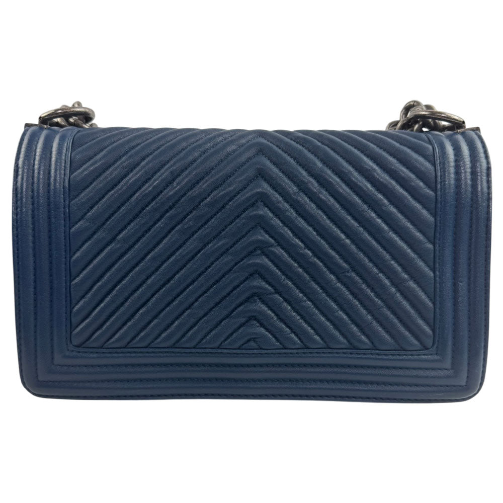 CHANEL Medium Boy Chevron Navy Blue Leather Shoulder Bag LHQ2460