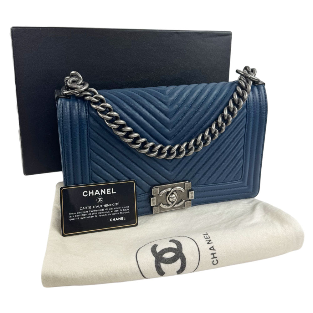 CHANEL Medium Boy Chevron Navy Blue Leather Shoulder Bag LHQ2460