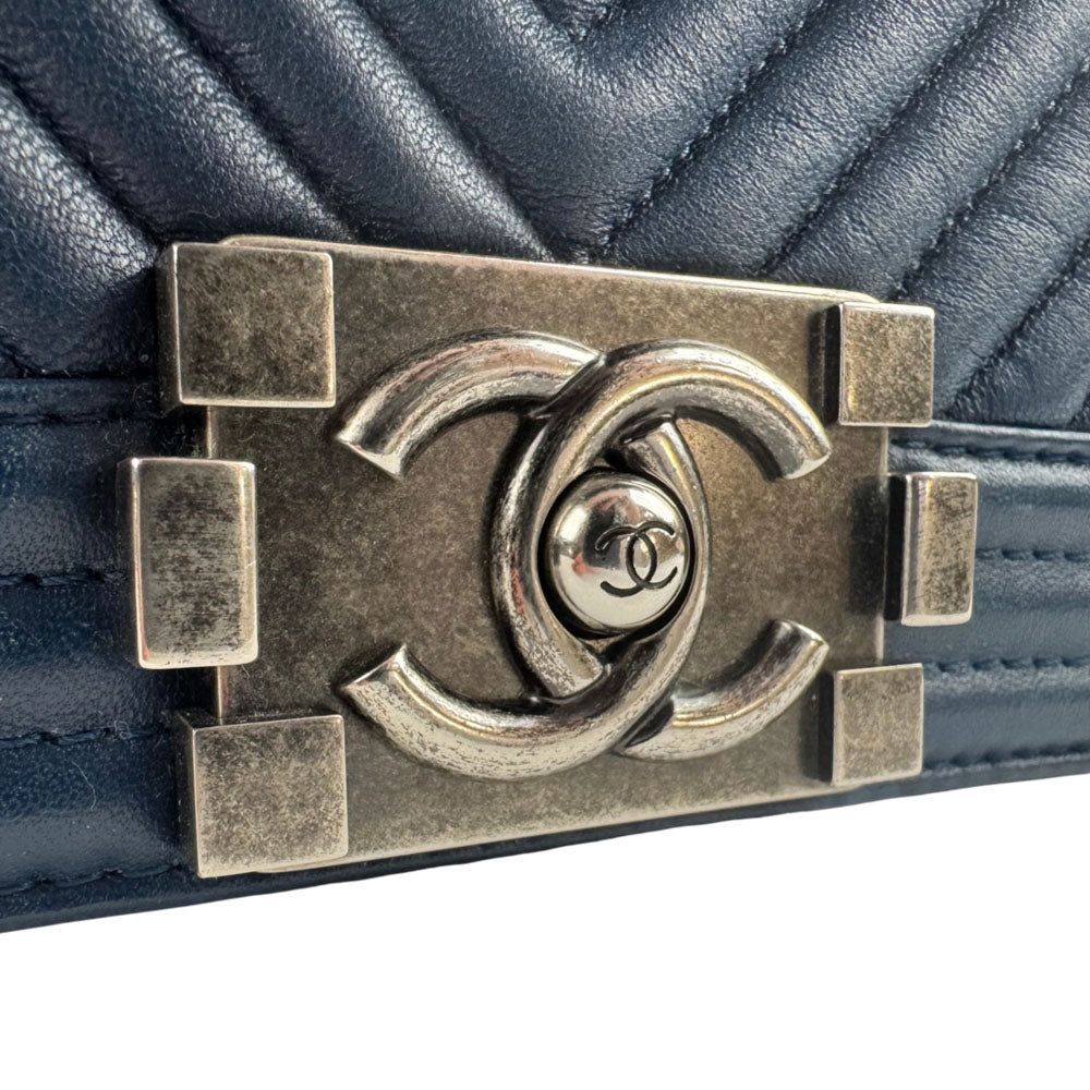 CHANEL Medium Boy Chevron Navy Blue Leather Shoulder Bag LHQ2460