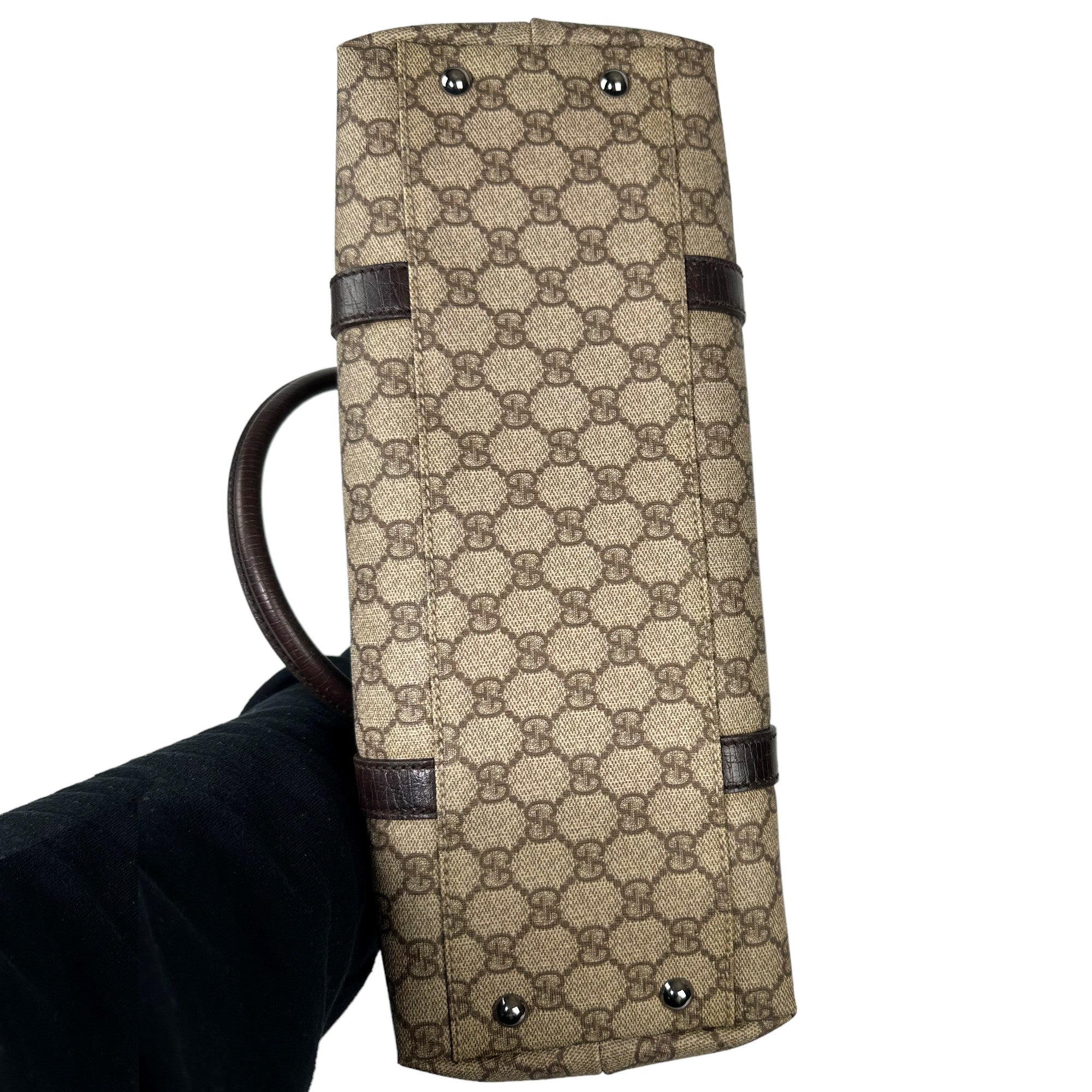 GUCCI Bolso de hombro de lona y piel marrón GG LHQ25