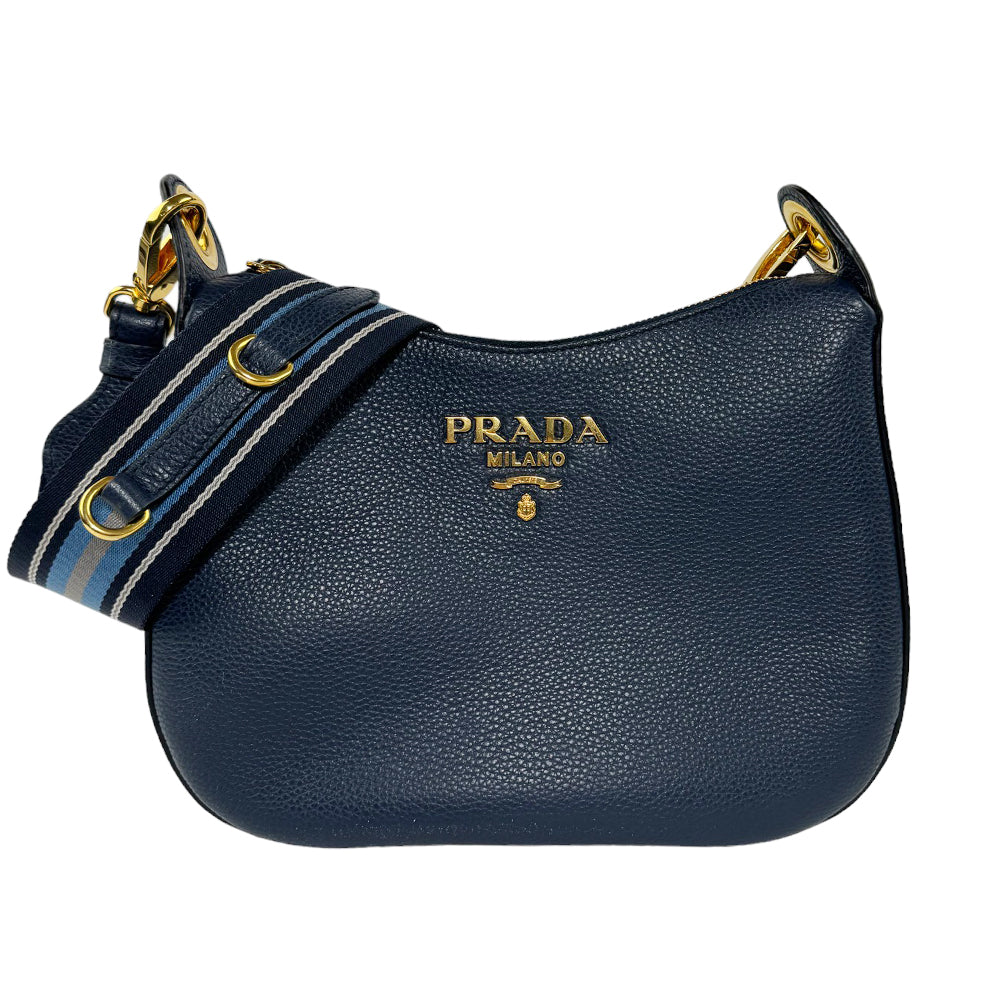 PRADA Vitello Phenix Navy Leather Shoulder Bag LHQ264