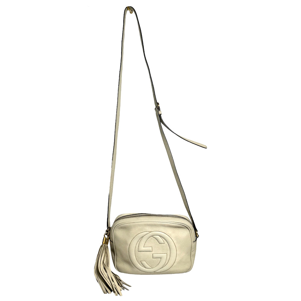 GUCCI Soho Quaste Disco Schulter Crossbody Tasche Creme Leder LHQ266