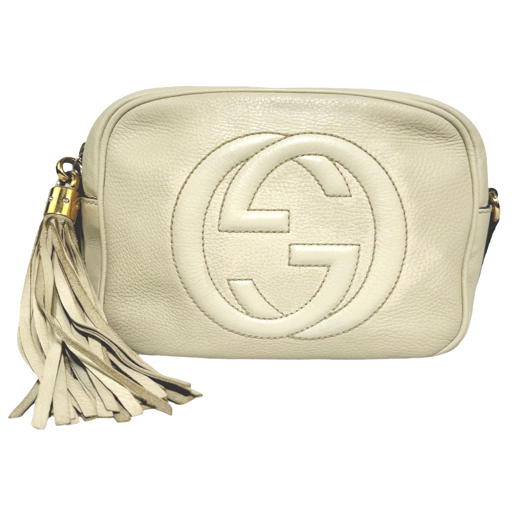 GUCCI Soho Quaste Disco Schulter Crossbody Tasche Creme Leder LHQ266