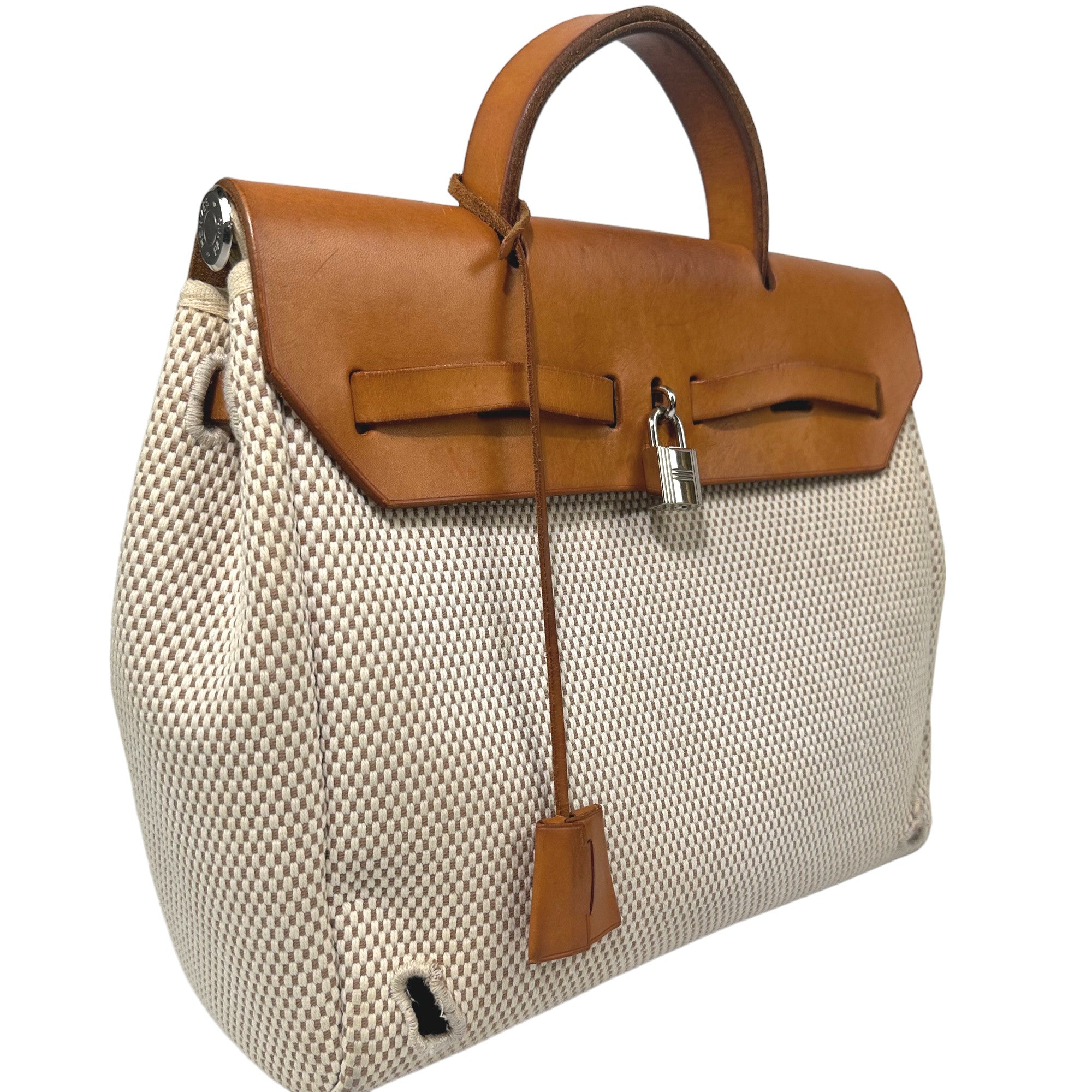 HERMES Her Bag 2 in 1 Beige Canvas Leather Backpack Handbag LHQ27