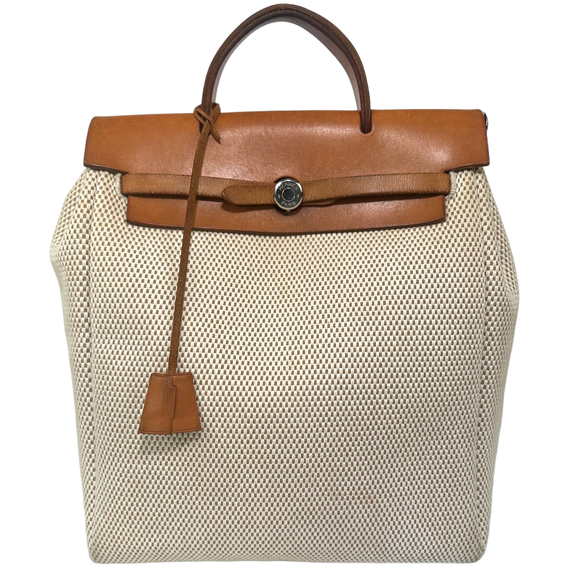 HERMES Her Bag 2 in 1 Beige Canvas Leather Backpack Handbag LHQ27