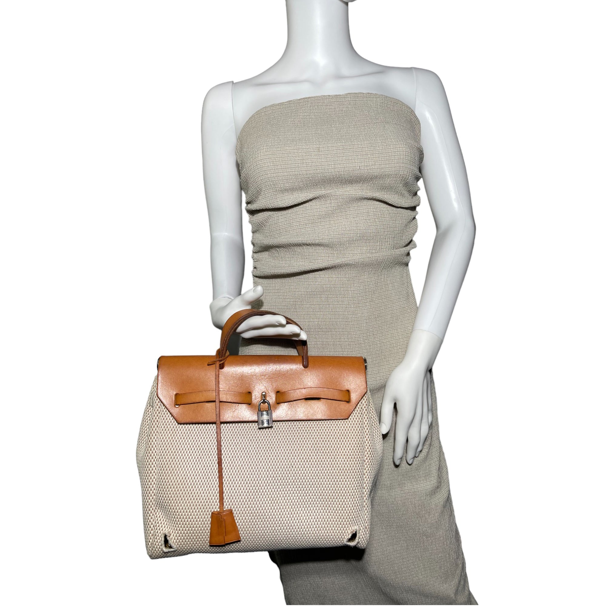 HERMES Her Bag 2 in 1 Beige Canvas Leather Backpack Handbag LHQ27