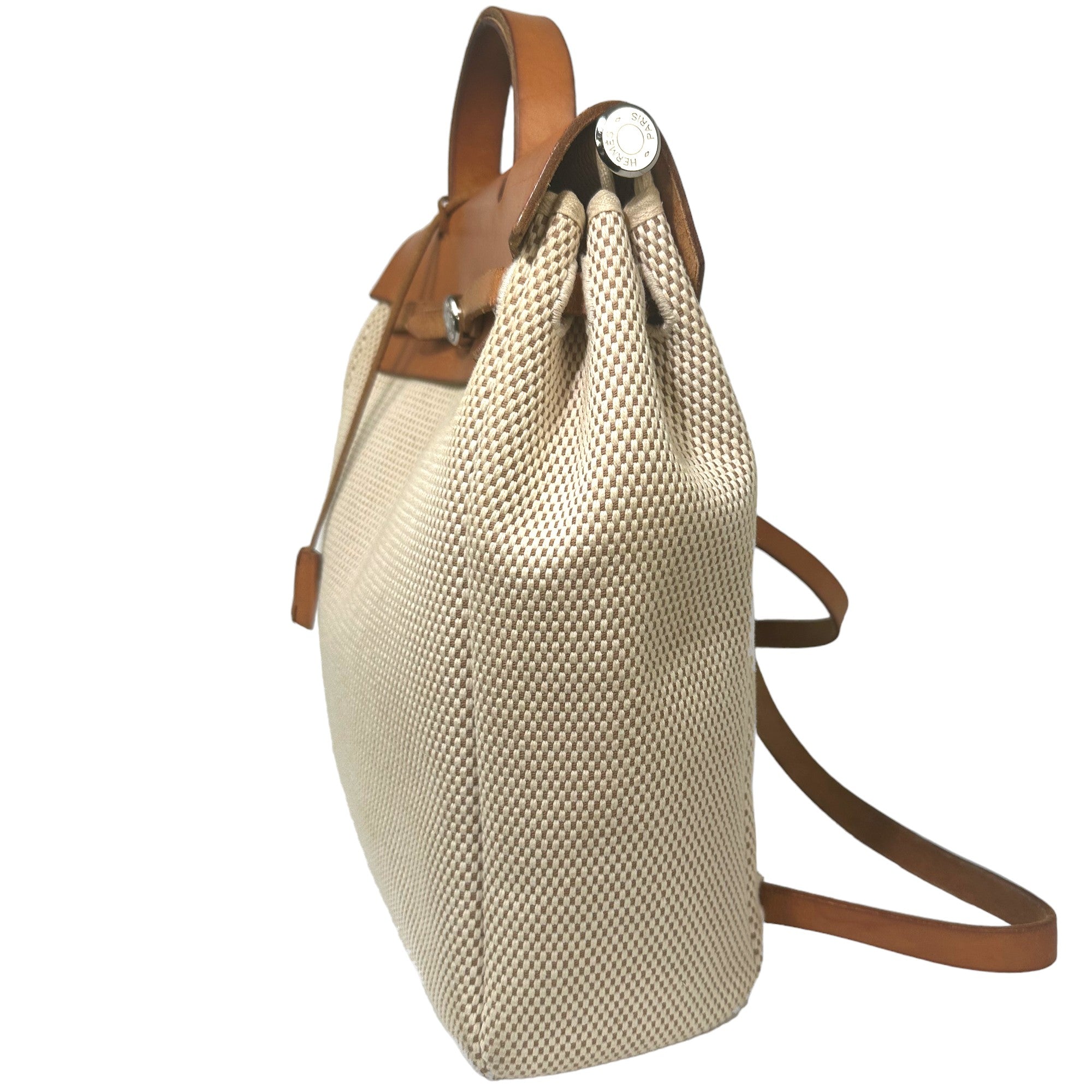 HERMES Her Bag 2 in 1 Beige Canvas Leather Backpack Handbag LHQ27