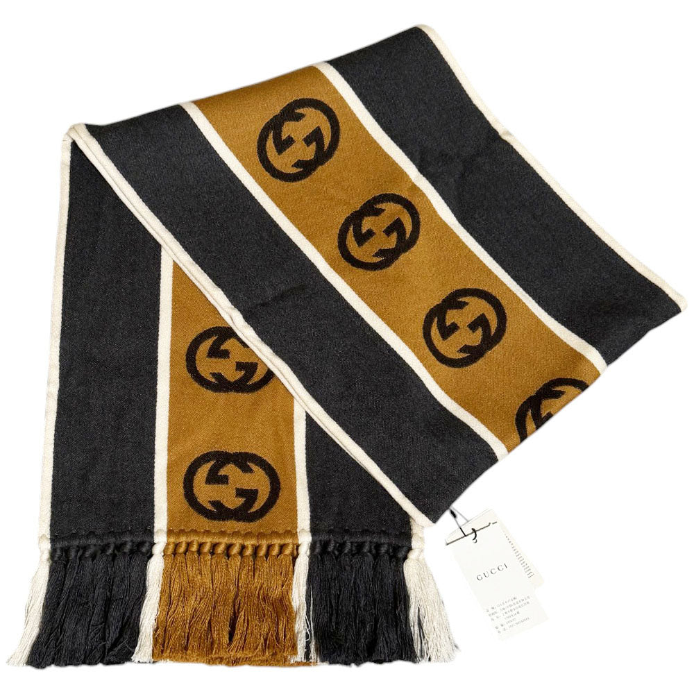 GUCCI GG Black/Brown Wool Scarf LHQ392