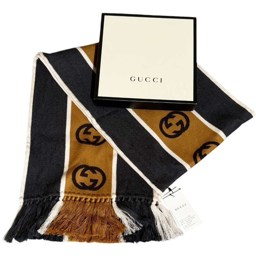 GUCCI GG Black/Brown Wool Scarf LHQ392