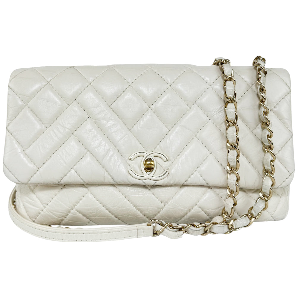 CHANEL Quilted White Leather Flap Shoulder Bag LHQ417