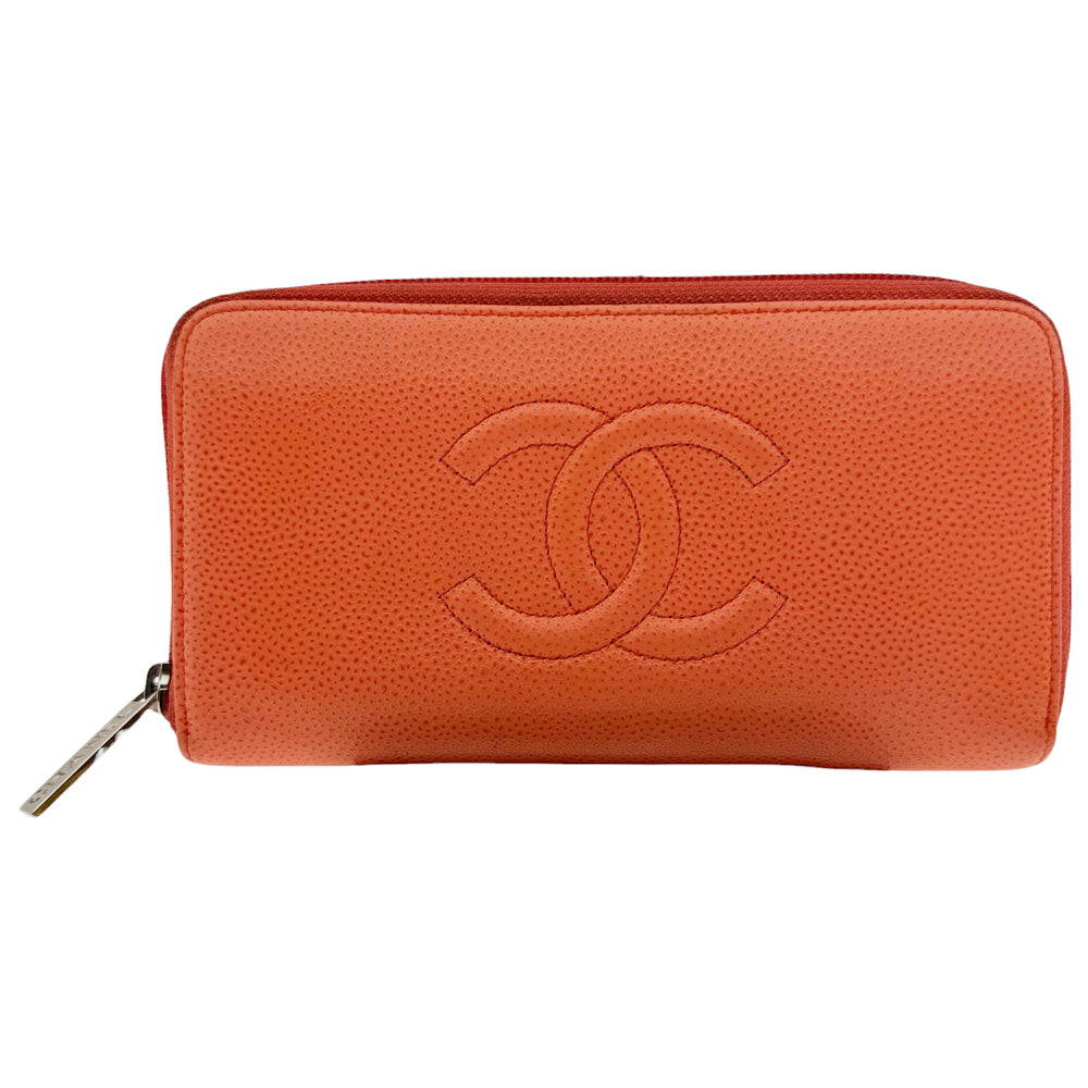 CHANEL Bi-Fold Zip-Around Long Orange Purse Wallet LHQ457