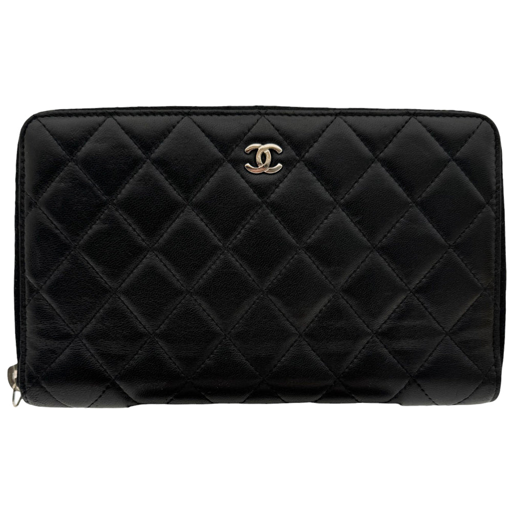 CHANEL Zip-Around Quilted Leather Black Wallet Purse LHQ459