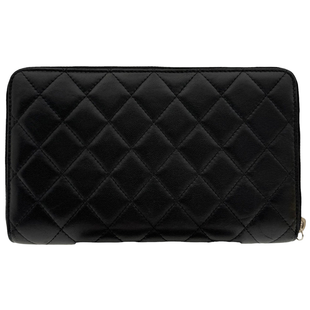 CHANEL Zip-Around Quilted Leather Black Wallet Purse LHQ459