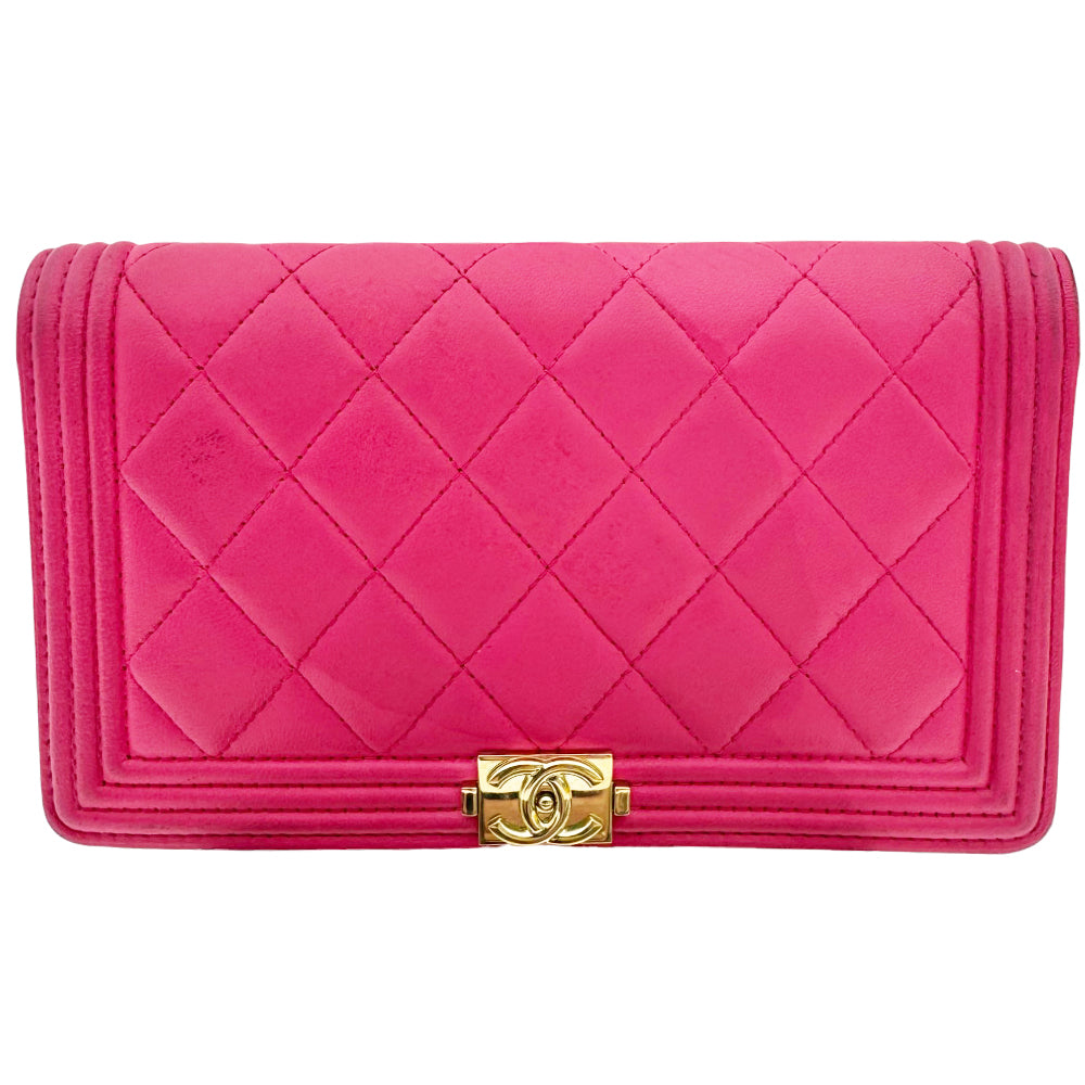 CHANEL Boy Quilted Leather Bi-Fold Pink Wallet Purse LHQ461