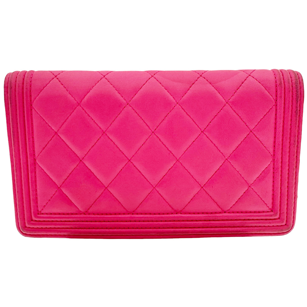 CHANEL Boy Quilted Leather Bi-Fold Pink Wallet Purse LHQ461