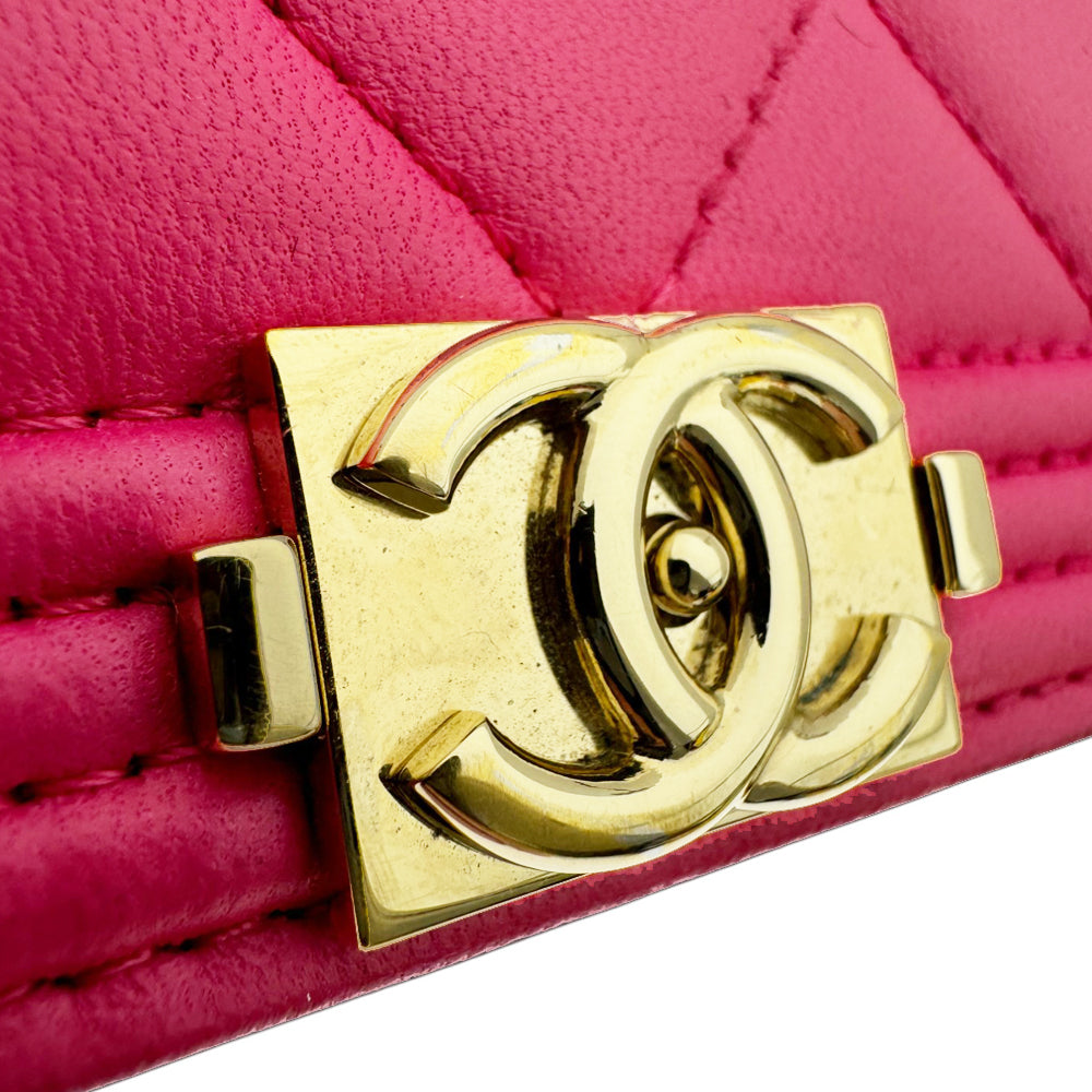 CHANEL Boy Quilted Leather Bi-Fold Pink Wallet Purse LHQ461