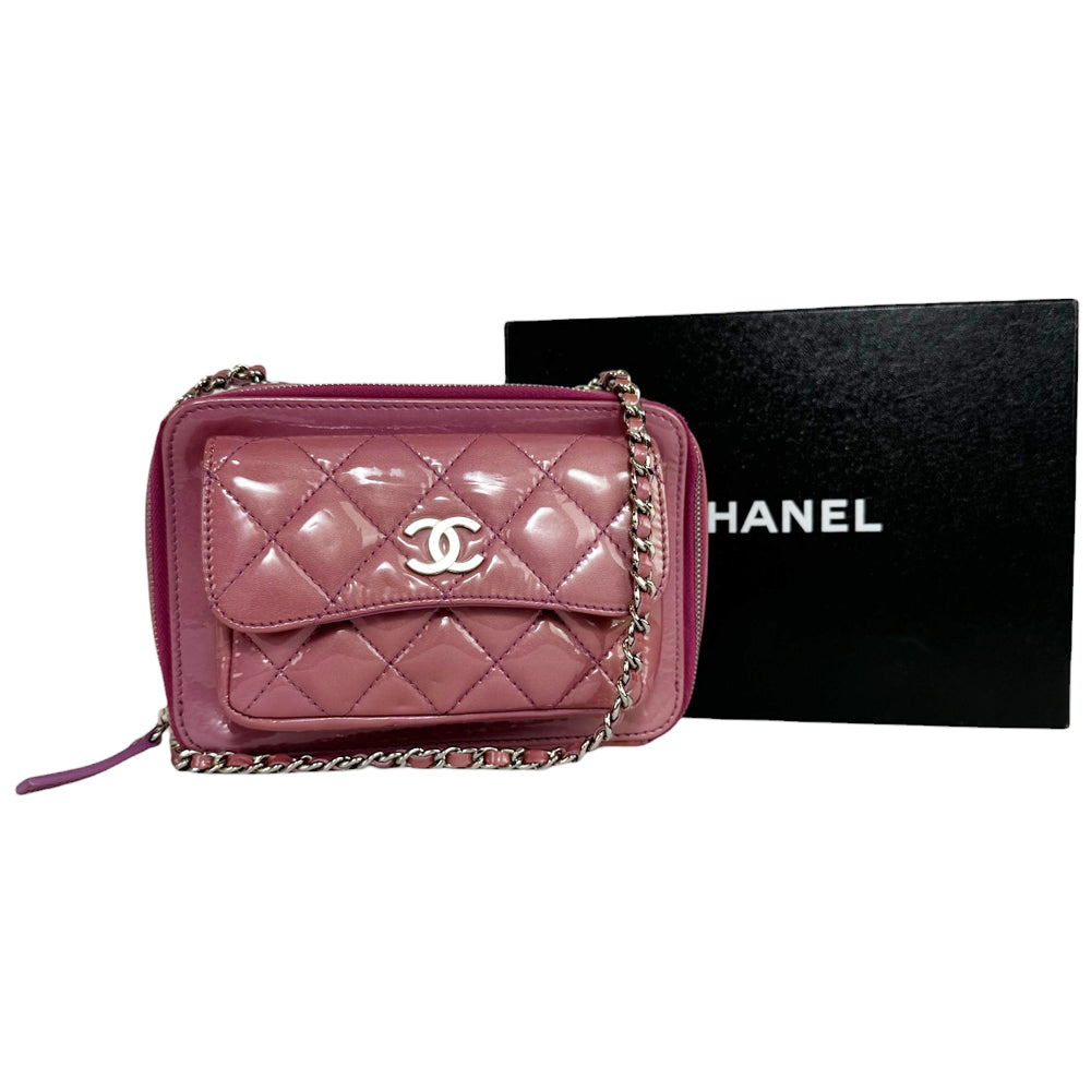 CHANEL Pocket Box Camera Patent Leather Pink Shoulder Bag LHQ481