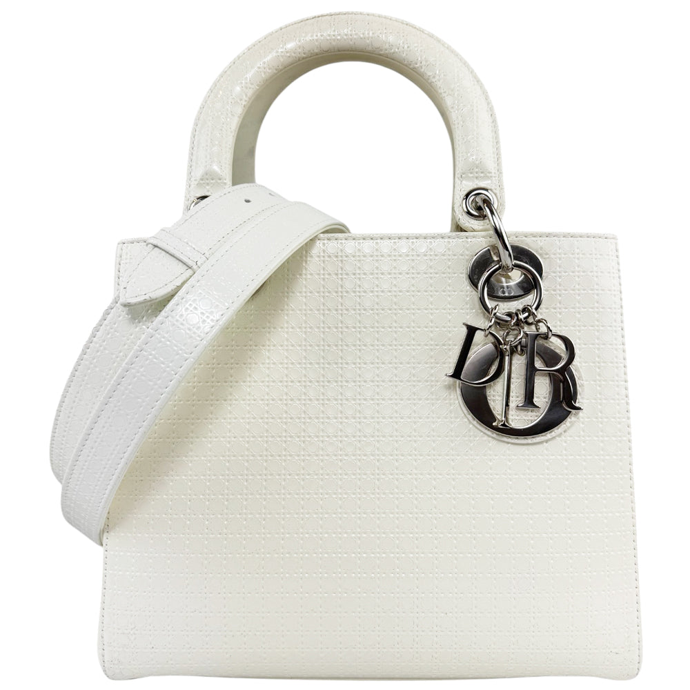 CHRISTIAN DIOR Lady Dior Patent Leather White Handbag LHQ500