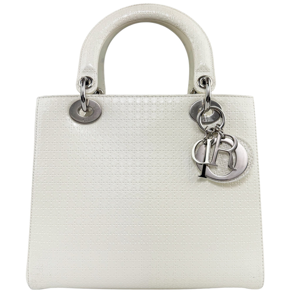 CHRISTIAN DIOR Lady Dior Patent Leather White Handbag LHQ500