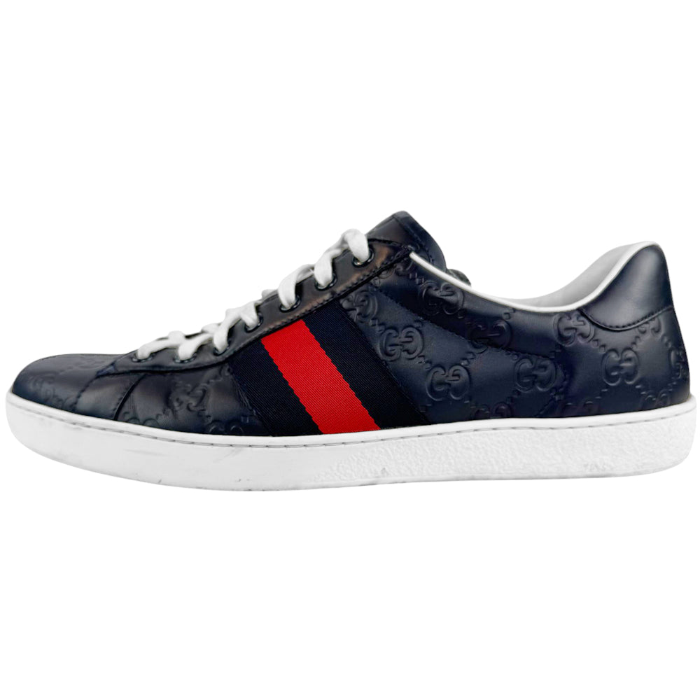 GUCCI Ace Navy Leather GG Guccissima Trainers Size 9 UK LHQ516